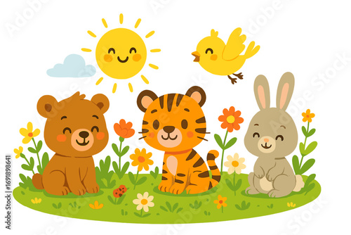Cute cartoon animal friends enjoying a sunny day. Happy bear, tiger, and rabbit in a spring flower meadow. Smiling sun and little bird. Vector illustration for children.