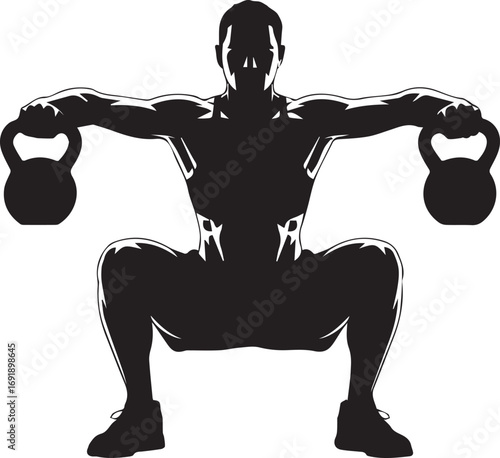 Fitness athlete silhouette performing kettlebell squats strong muscular man training workout