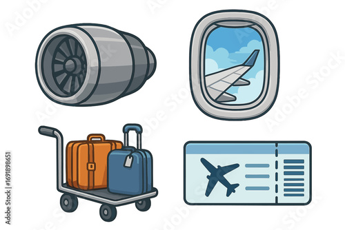 Air travel icon set with jet engine, airplane window view, luggage cart and boarding pass. Vector cartoon symbols for flight, vacation, tourism, journey and aviation concepts.