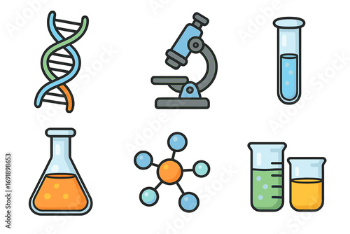 Science icon set DNA molecule microscope test tube flask beakers chemical laboratory research vector cartoon illustration transparent background ordered collection
