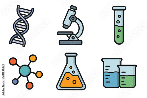 Science icon set with DNA strand, microscope, test tube, molecule model, flask, and laboratory beakers in colorful cartoon vector illustration, educational and scientific equipment collection