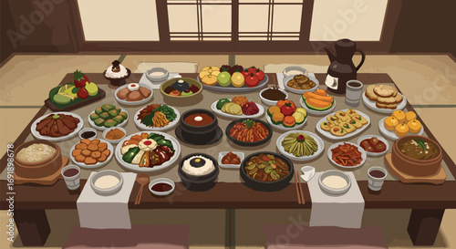 Korean Feast A Table Laden with Traditional Dishes in a Cozy Setting.