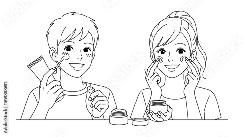 Joyful young couple applying skincare products together in a minimalist line art illustration promoting self care and healthy skin routines