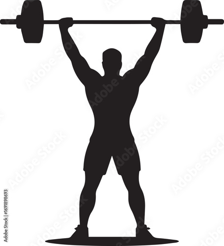 Muscular fitness athlete silhouette lifting heavy barbell overhead demonstrating strength and dedication