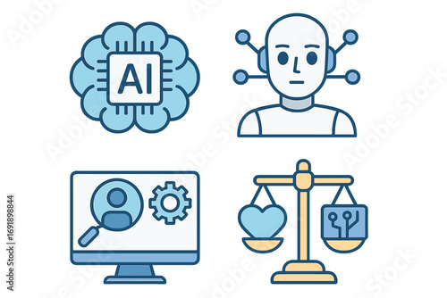 AI ethics icon set. Artificial intelligence, machine learning, robot, and data analysis concepts. Vector illustration balancing humanity and technology with justice scales.