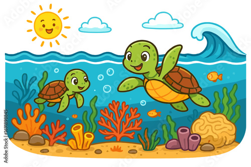 Cute cartoon sea turtles swimming underwater in the ocean. Happy turtle family on a coral reef with fish on a sunny summer day. Vector illustration for children. Nature.