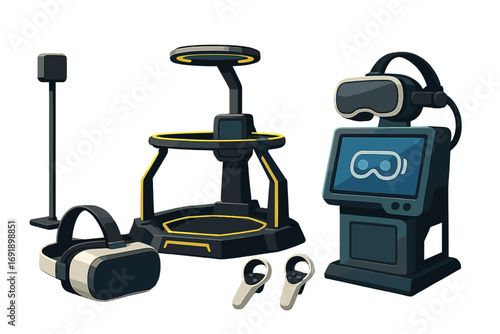 Virtual reality gaming equipment set. VR headset, controllers, and motion platform for an arcade. Modern technology for immersive simulation, metaverse and future entertainment.