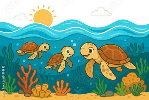 Cute turtle family swimming underwater in the ocean. Happy sea turtles mother and babies dive in blue water with corals and seaweed. Sunny day summer cartoon vector illustration.