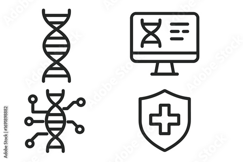 Minimalist DNA and Technology Icons Set for Biotech, Genetic Research, Health Technology, Medical Data, and Digital Medicine Illustrations, Vector Cartoon with Transparent Background