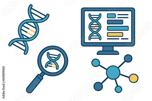Genetic research vector icon set. DNA analysis, bioinformatics concepts. Gene sequencing, molecular structure. Magnifying glass, computer data. Science, biotechnology, medicine.