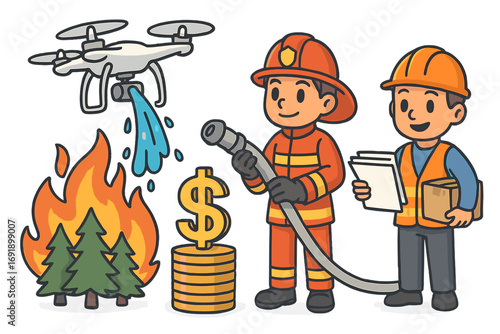 Firefighting drone technology for forest fire. Firefighter rescue team. Disaster relief funding and resource management. Emergency services support cartoon vector illustration.