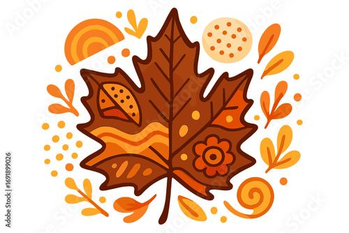 Decorative maple leaf illustration with abstract folk art patterns. Autumn fall season concept with whimsical elements. Cartoon vector for Thanksgiving, harvest festival design.