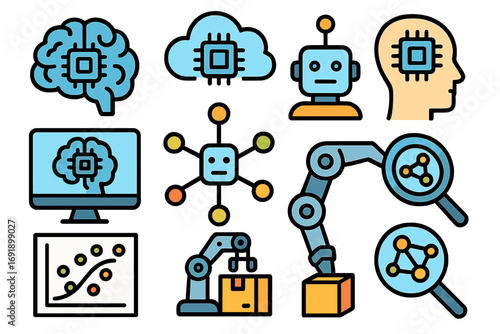 AI icon set. Machine learning concept. Artificial intelligence, data analysis, robotics, automation. Cloud computing, neural network, cyborg head, robot arm vector icons.