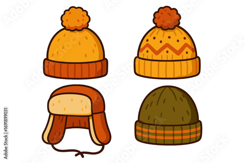Set of warm winter hats. Vector cartoon illustration collection. Cozy autumn knit beanies, trapper hat, pom-pom caps for chilly weather. Fall fashion accessory headwear.