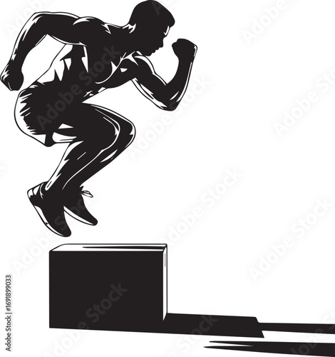 Muscular fitness athlete silhouette jumping over a box demonstrating strength and agility training