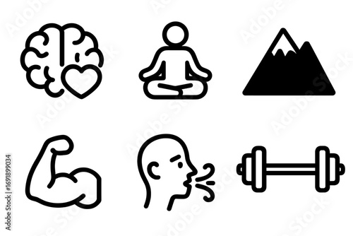 Simple black icons set brain health meditation mountain strength breathing weightlifting vector illustration transparent background wellness fitness concept