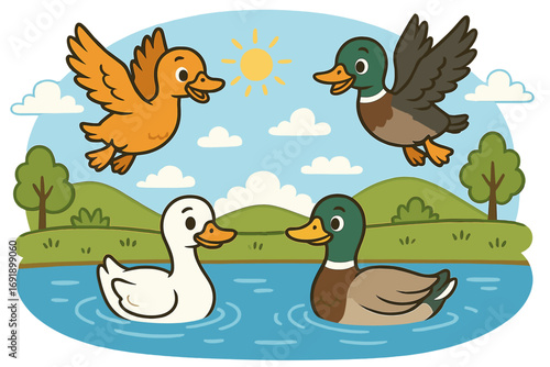 Cartoon ducks family swimming and flying in a lake. Cute vector illustration of mallard and duckling in a nature pond scene. Sunny day landscape for children's book or sticker.