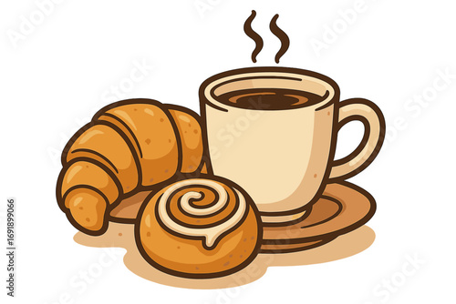 Warm coffee and fresh pastries. Cozy cafe atmosphere in the morning. Vector cartoon illustration of a croissant and a cinnamon roll. Breakfast meal with hot drink. Bakery food.