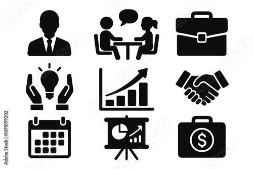 Silhouette business icons set, professional symbols collection, briefcase, handshake, growth chart, calendar, idea light bulb, meeting, presentation board, success concept
