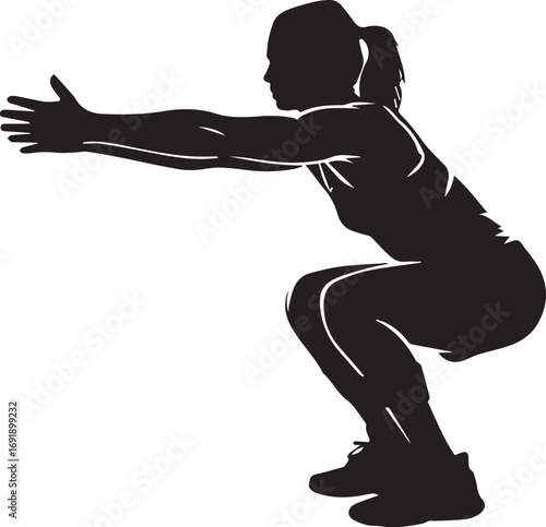 Fitness athlete silhouette performing squat exercise for strength training and bodybuilding