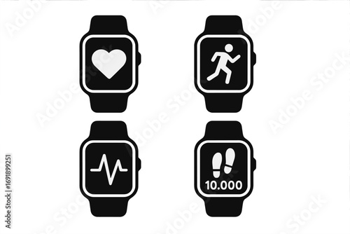 Silhouette smartwatch icons for health and fitness tracking, heart monitor, running symbol, heartbeat pulse, step counter, vector cartoon illustration with transparent background, ordered set