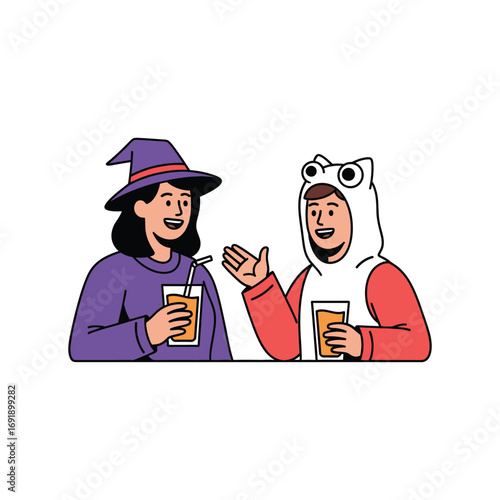 Two friends in Halloween costumes, a witch and a frog, talking and drinking together at a party.