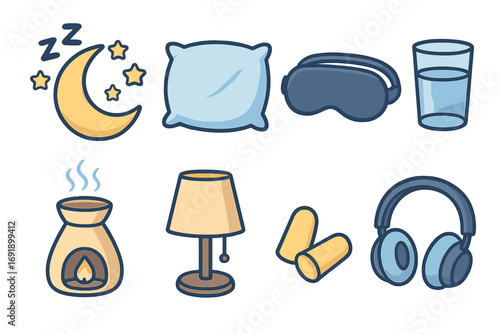 Sleep essentials icons set, nighttime routine elements for relaxation, cartoon style vector illustration with pillow, moon, eye mask, earplugs, aromatherapy, lamp, headphones, and water glass