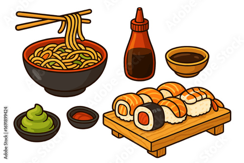 Japanese food set with sushi and ramen noodles. Asian cuisine concept. Vector cartoon illustration of nigiri, maki roll, salmon, shrimp, wasabi, and soy sauce. Meal icons.