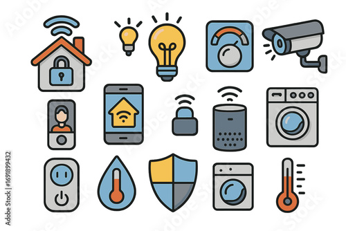 Smart home technology vector icon set. Internet of things, home automation system icons. Security camera, smart light, thermostat, lock, and voice assistant control concept.