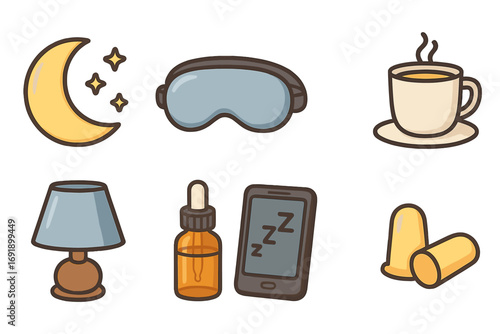 Sleep essentials icons for nighttime routine and relaxation, cartoon vector set with moon, sleep mask, coffee cup, lamp, dropper bottle, smartphone, and earplugs, transparent background