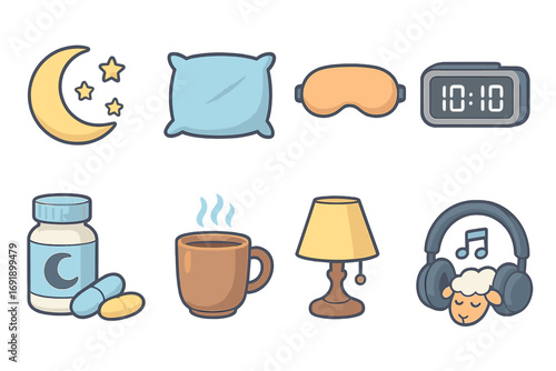 Sleep essentials icons set for nighttime routine and relaxation, vector cartoon illustration with moon, pillow, eye mask, alarm clock, vitamins, hot drink, lamp, and relaxing sheep with headphones