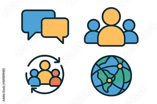 Business communication icon set for teamwork, community, and global connection. Vector line icons for corporate collaboration, social network, group chat, and worldwide team.