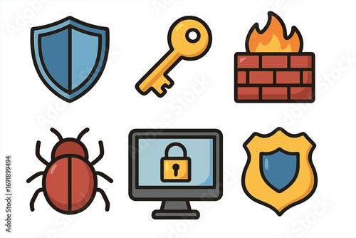 Cybersecurity icon set. Internet data protection cartoon symbols. Vector collection of shield, key, firewall, malware bug, computer lock and antivirus safety badge.