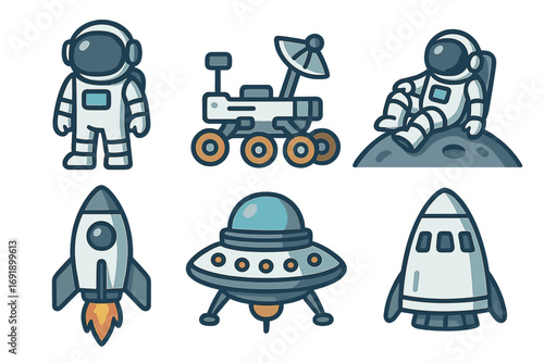Space exploration icon set. Cartoon astronaut, rocket ship launch, mars rover, and UFO. Vector collection for cosmic adventure, astronomy, and galaxy travel graphic design.