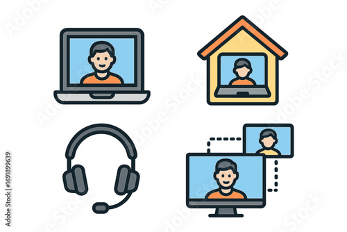 Remote work icon set. Work from home concept, online virtual meeting, video conference call and webinar technology icons. Business communication and collaboration vector symbols.