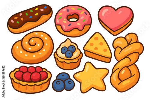 Cartoon baked goods set. Vector collection of sweet pastry and desserts. Don't, eclair, cupcake, cookie, tart, and cinnamon roll icons for bakery or cafe menu design.