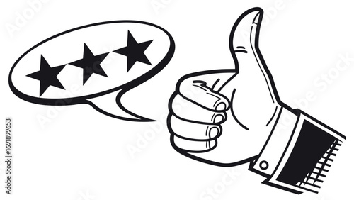 Thumbs up icon with three star rating symbol representing feedback review and customer satisfaction
