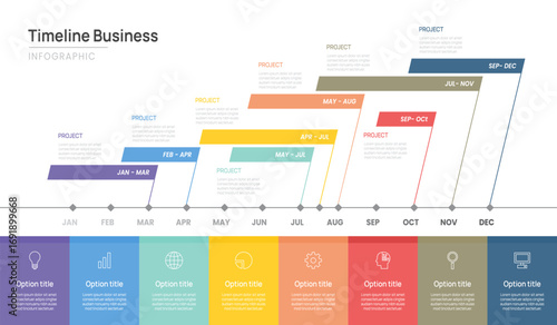 infographics timeline Business with schedule 12 Months to success, presentation Timeline diagram calendar template with icon elements vector illustration.
