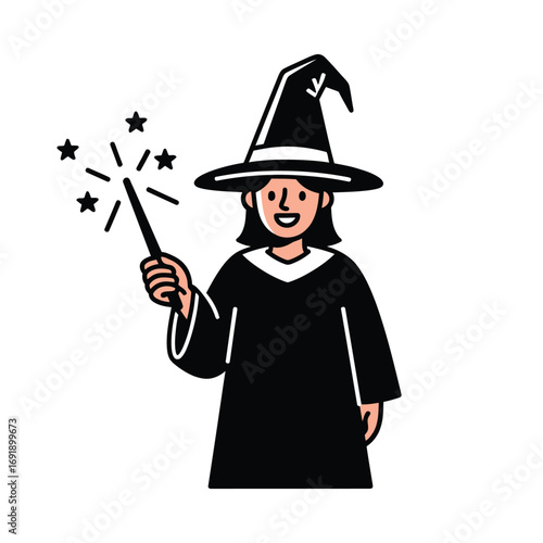 Illustration of a smiling person wearing a wizard hat and holding a wand with stars.