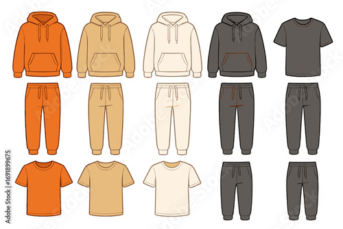 Vector casual clothing sets. Flat illustration of hoodie, t-shirt, sweatpants. Sportswear tracksuit fashion mockup. Apparel template for modern streetwear or loungewear design.