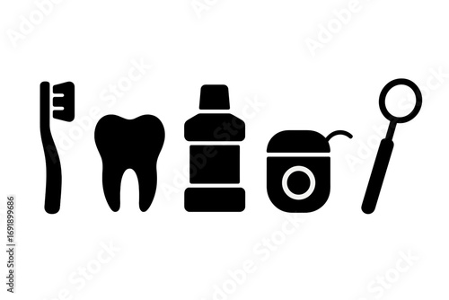Dental hygiene black glyph icons set. Toothbrush, tooth, mouthwash, floss, dental mirror. Oral care symbols. Stomatology and dentistry concept. Vector silhouette collection.