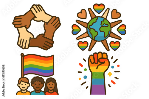 Vector icon set of diversity, equality, and LGBTQ pride. Includes multicultural hands, rainbow protest fist, pride flag, and global community love. Inclusivity celebration.