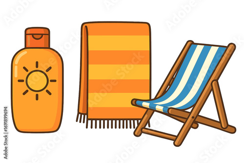 Summer beach essentials icon set. Sunscreen lotion, striped towel, deck chair illustration. Vector concept for sun protection, vacation holiday, travel and seaside relaxation.