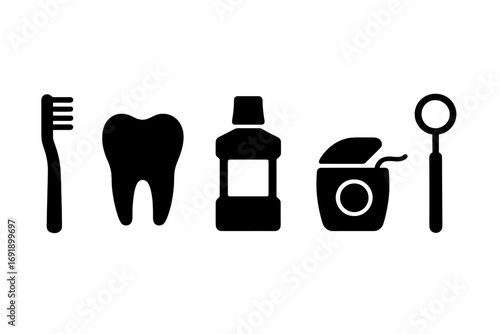 Set of dental care icons. Oral hygiene concept. Black silhouette vector illustration of toothbrush, tooth, mouthwash, floss, dentist mirror. Dentistry and stomatology.