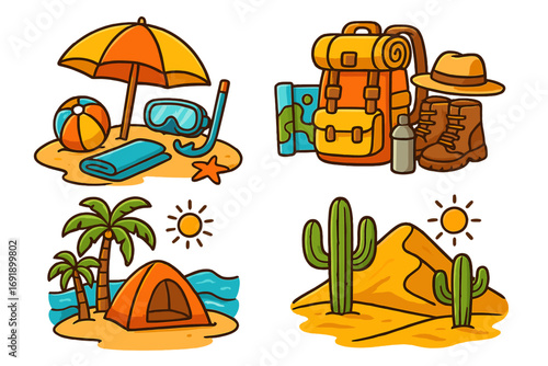 Travel adventure icon set. Beach vacation and desert hiking collection. Camping gear, outdoor equipment for journey. Summer holiday cartoon sticker pack. Vector illustration.