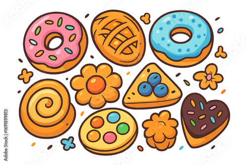 Cute cartoon baked goods set. Vector collection of sweet pastry, donuts, cookies, and buns. Colorful dessert food illustration for bakery, cafe menu, or sticker design.