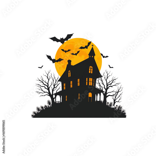 Haunted house with bats and full moon Halloween night