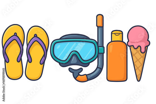 Summer beach vacation essentials icon set. Vector cartoon illustration of flip flops, snorkel mask, sunblock, and ice cream. Holiday and travel leisure concept design.