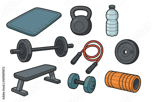 Fitness equipment set for home gym workout. Vector icons. Dumbbell, barbell, kettlebell, bench, jump rope, mat. Strength training. Bodybuilding. Healthy lifestyle cartoon.