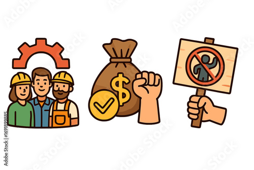 Labor day icon set with workers union, fair wages, and employee rights protest. Vector illustration of solidarity, salary negotiation, and workforce demonstration.